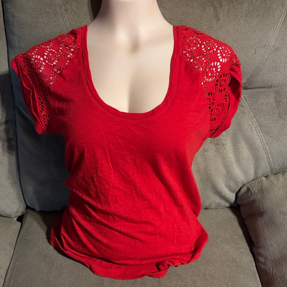 Express Red Crochet Sleeve Women's Tee